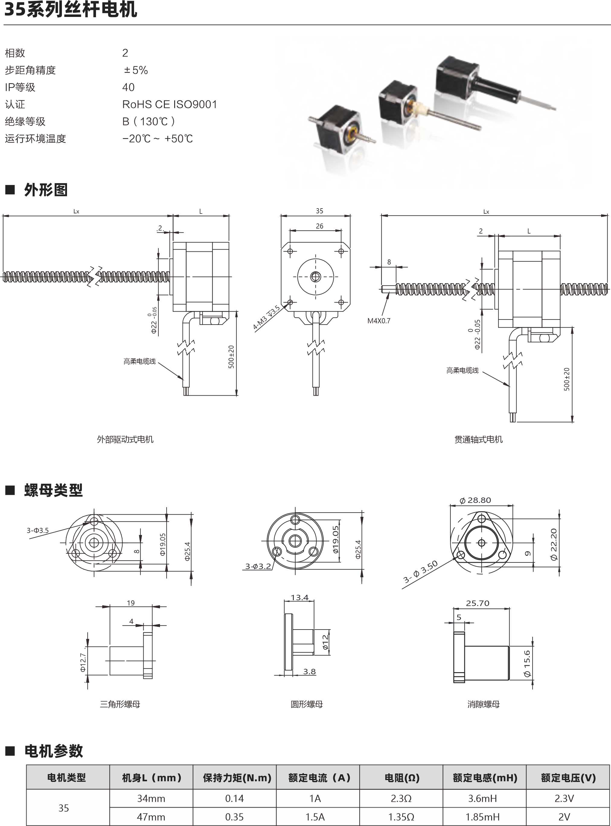 相数  步距角精度 IP等级  认证 绝缘等级 运行环境温度 2 ±5％ 40 RoHS CE ISO9001 B（130℃） -20℃～ +50℃ 螺母类型 电机参数 28 34mm 0.06 1A 2.1Ω 1.4mH 2.1V 45mm 0.12 1A 3Ω 2.2mH 3V 51mm 0.18 1A 3.5Ω 3mH 3.5V 电机类型 机身L（mm） 保持力矩(N.m) 额定电流（A） 电阻(Ω) 额定电感(mH) 额定电压(V)